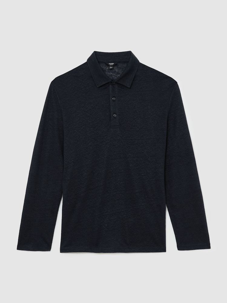 Reiss Navy Pembroke Linen Long-Sleeve Knitted Polo Shirt - Image 2 of 6
