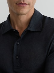 Reiss Navy Pembroke Linen Long-Sleeve Knitted Polo Shirt - Image 4 of 6