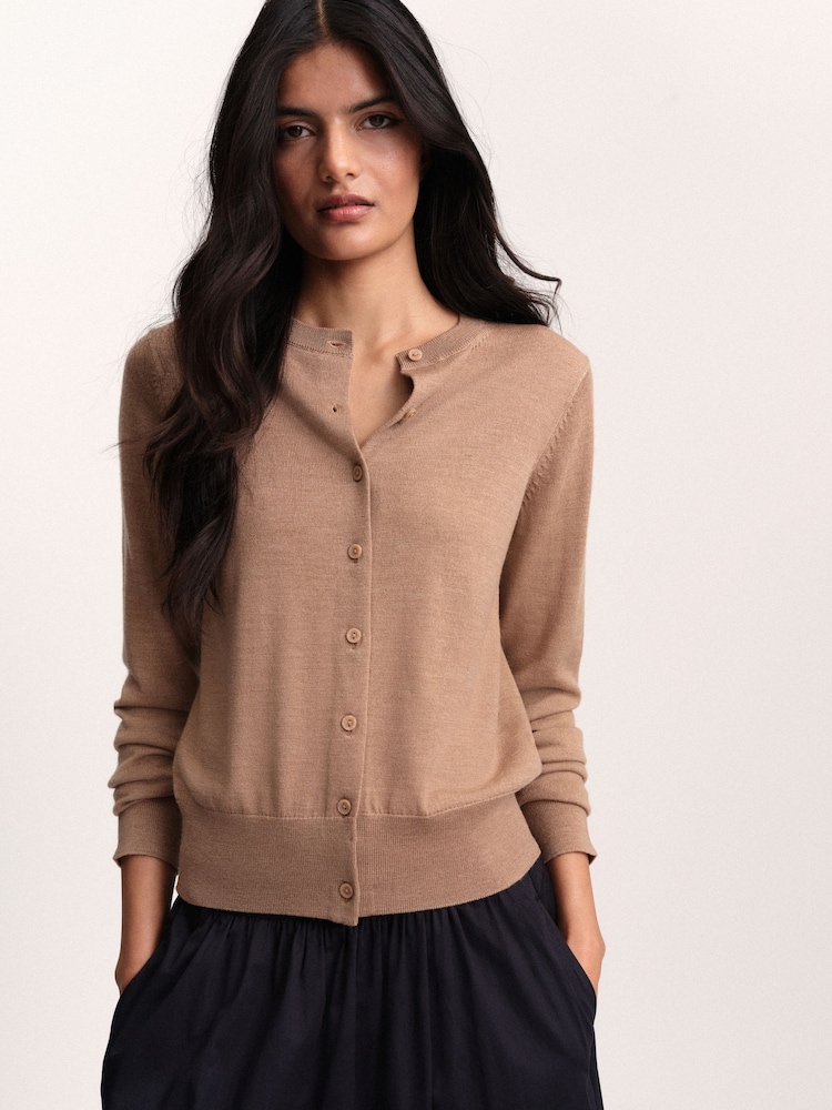 The Set Crew Neck Long Sleeve Merino Cardigan Caramel Marl - Image 1 of 8