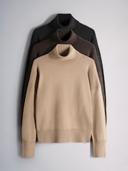 The Set 3 Pack Fine Knit Roll Neck Jumpers Black/Chocolate Brown/Taupe Brown - Image 2 of 15
