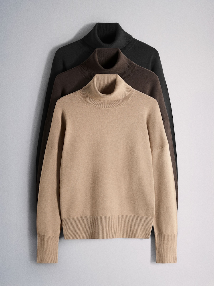 The Set 3 Pack Fine Knit Roll Neck Jumpers Black/Chocolate Brown/Taupe Brown - Image 2 of 15