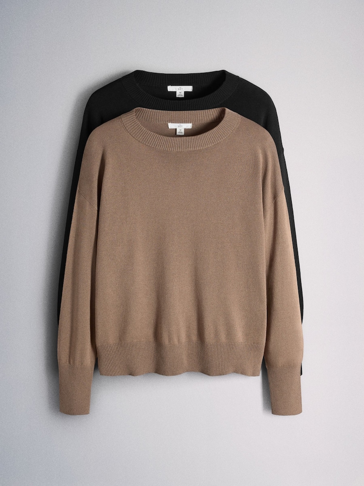 The Set 2 Pack Fine Knitted Crew Neck Jumpers Cinder Brown/Black - Image 1 of 5