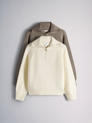 The Set 2 Pack Quarter Zip Jumpers With Wool Creme  Mink Marl/Brown - Image 1 of 5