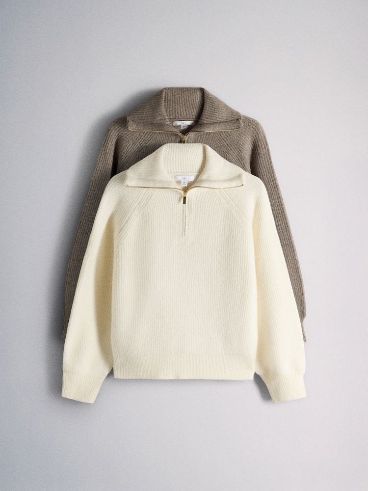 The Set 2 Pack Quarter Zip Jumpers With Wool Creme  Mink Marl/Brown - Image 1 of 5