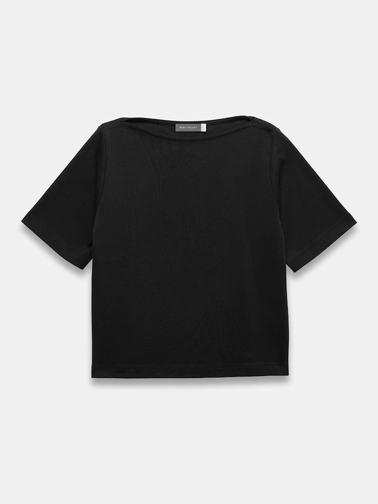 Mint Velvet Black Slash Neck T-Shirt - Image 1 of 2 Mint Velvet Black Slash Neck T-Shirt - Image 1 of 2