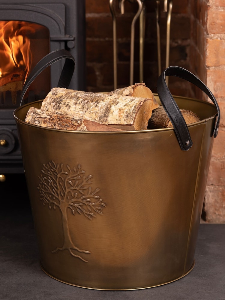 Snug Brass Large Mulberry Leather Handle Log Storage Bucket - Image 1 of 6