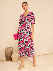 Love & Roses Aqua Blue Animal Tie Back Midi Tea Dress - Image 1 of 4