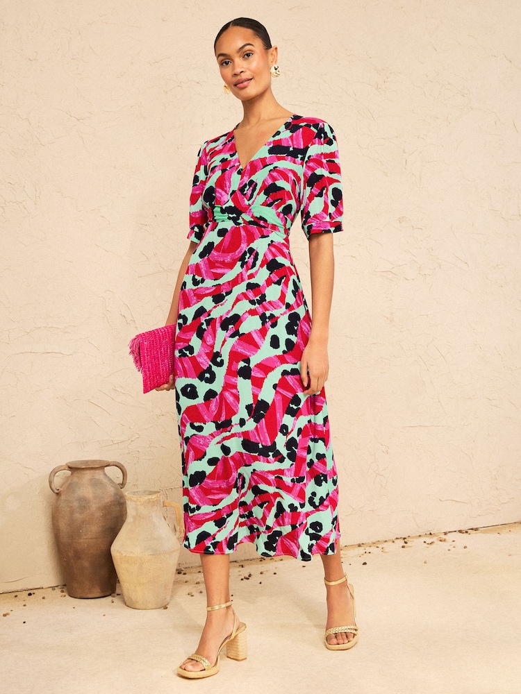 Love & Roses Aqua Blue Animal Tie Back Midi Tea Dress - Image 1 of 4