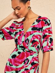 Love & Roses Aqua Blue Animal Tie Back Midi Tea Dress - Image 2 of 4