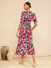 Love & Roses Aqua Blue Animal Tie Back Midi Tea Dress - Image 3 of 4
