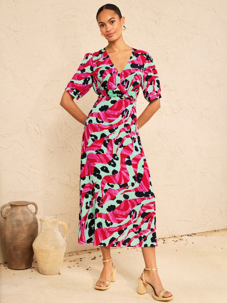 Love & Roses Aqua Blue Animal Tie Back Midi Tea Dress - Image 4 of 4