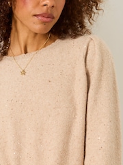 Naturlig - FatFace Knitted Sequin Sparkle Frill Cuff Jumper - Bild 3 av 5