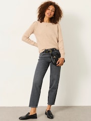 Naturlig - FatFace Knitted Sequin Sparkle Frill Cuff Jumper - Bild 4 av 5