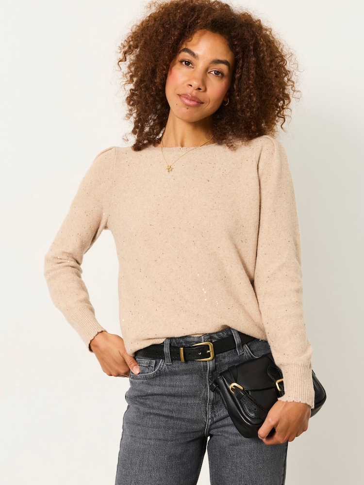 Naturlig - FatFace Knitted Sequin Sparkle Frill Cuff Jumper - Bild 5 av 5