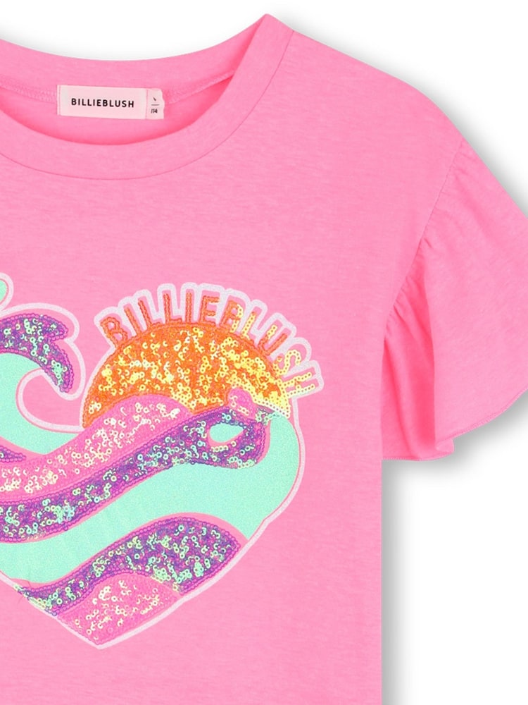 Billieblush Glitter Logo Pink T-Shirt Dress With Frill Sleeves - Image 3 of 3