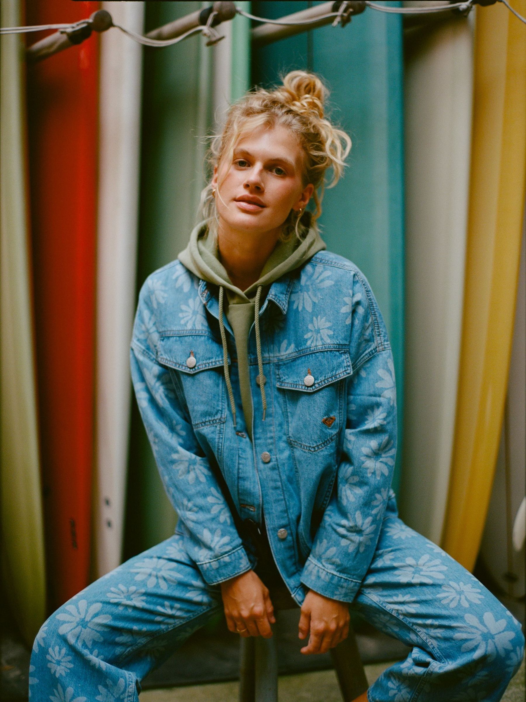 Buy Roxy Blue Floral Print Salty Horizon Denim Jacket from the
