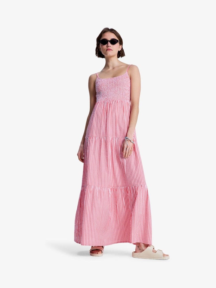 Roxy Pink Tropical Glow Seersucker Stripe Tierred Maxi Dress - Image 1 of 6 Roxy Pink Tropical Glow Seersucker Stripe Tierred Maxi Dress - Image 1 of 6