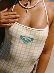 Roxy Cream The Swell One Plaid Check Square Neck Logo Swimsuit - Image 4 of 8