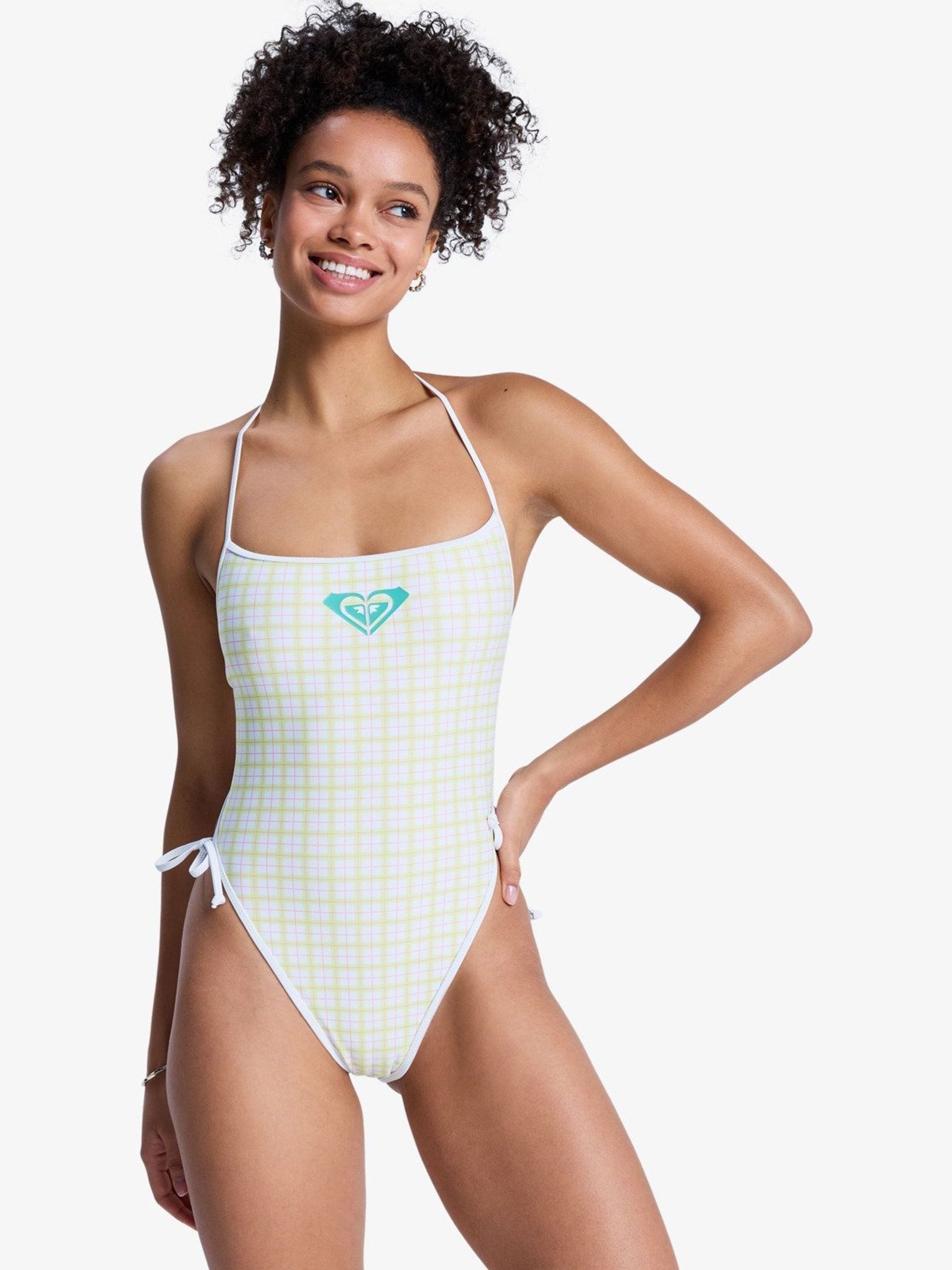 Buy Roxy Cream The Swell One Plaid Check Square Neck Logo Swimsuit
