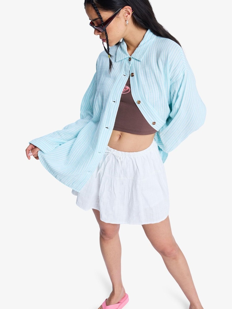 Roxy Blue Morning Shine Stripe Loose Long Sleeve Linen Blend Shirt - Image 1 of 6