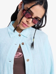 Roxy Blue Morning Shine Stripe Loose Long Sleeve Linen Blend Shirt - Image 5 of 6