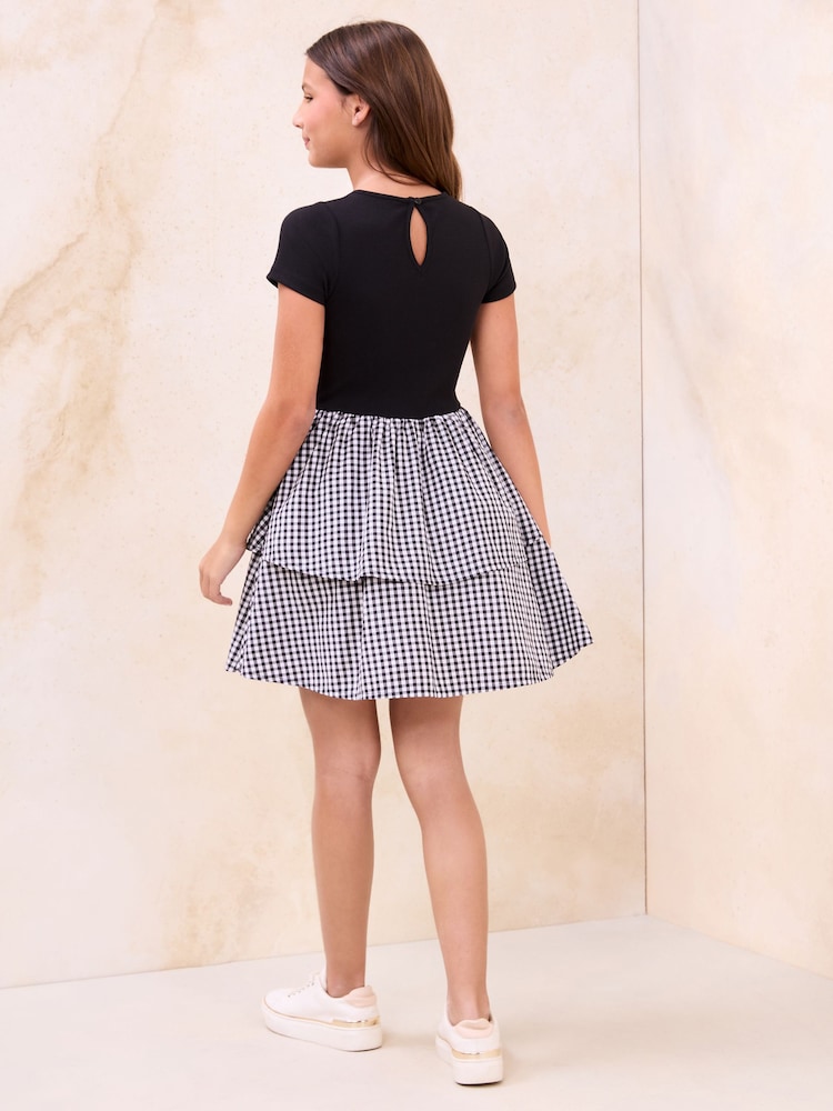 Lipsy Black 2-in-1 Gingham Tiered Dress (5-16yrs) - Image 5 of 5