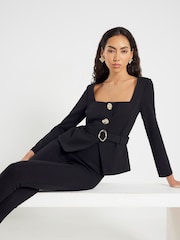 River Island Black Long Sleeve Belted Button Detail Blazer - Image 1 of 4