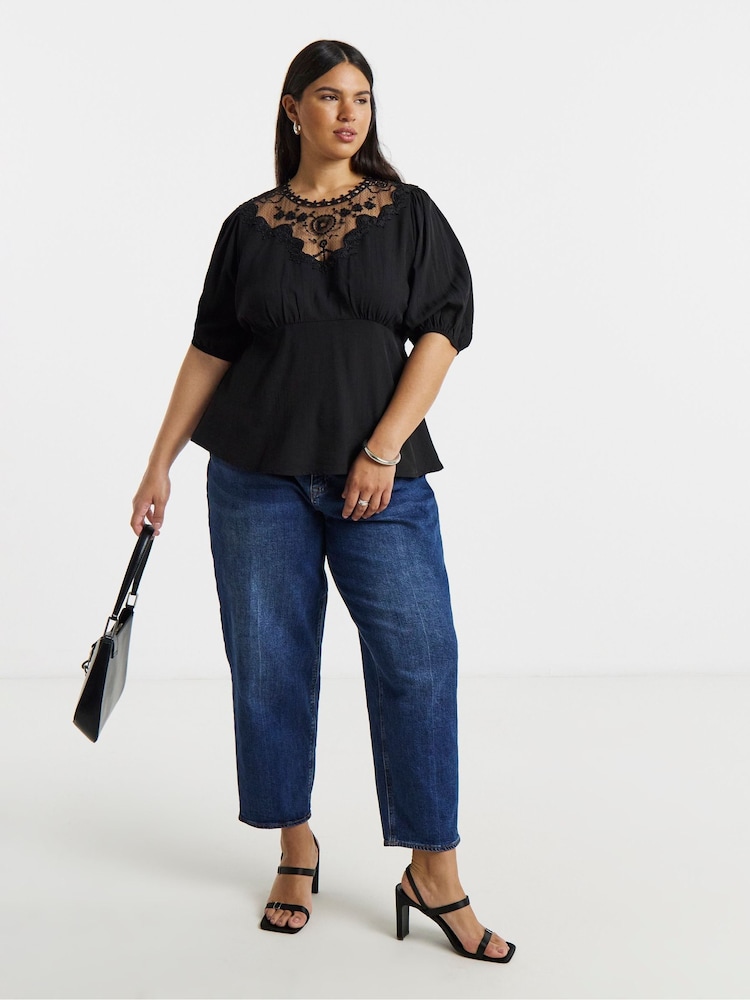 Simply Be Black Lace Peplum Tea Blouse - Image 1 of 4