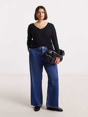 Simply Be Black Slash Neck Rib Top With Lace To Sleeve - Image 1 of 4