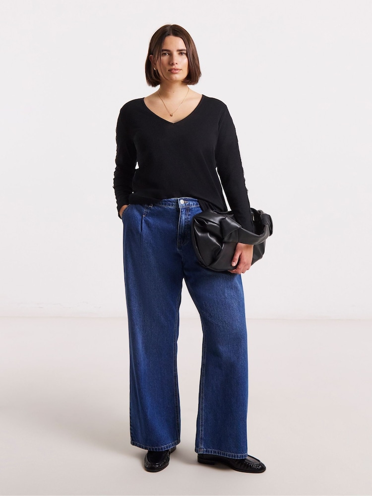 Simply Be Black Slash Neck Rib Top With Lace To Sleeve - Image 1 of 4