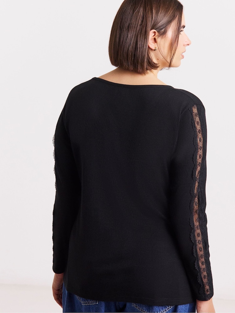 Simply Be Black Slash Neck Rib Top With Lace To Sleeve - Image 2 of 4