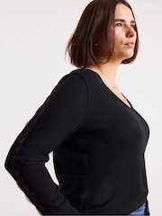 Simply Be Black Slash Neck Rib Top With Lace To Sleeve - Image 3 of 4