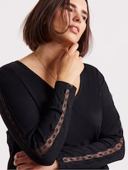 Simply Be Black Slash Neck Rib Top With Lace To Sleeve - Image 4 of 4