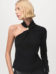 Mango Black One Shoulder Gold Detail Blouse - Image 1 of 7