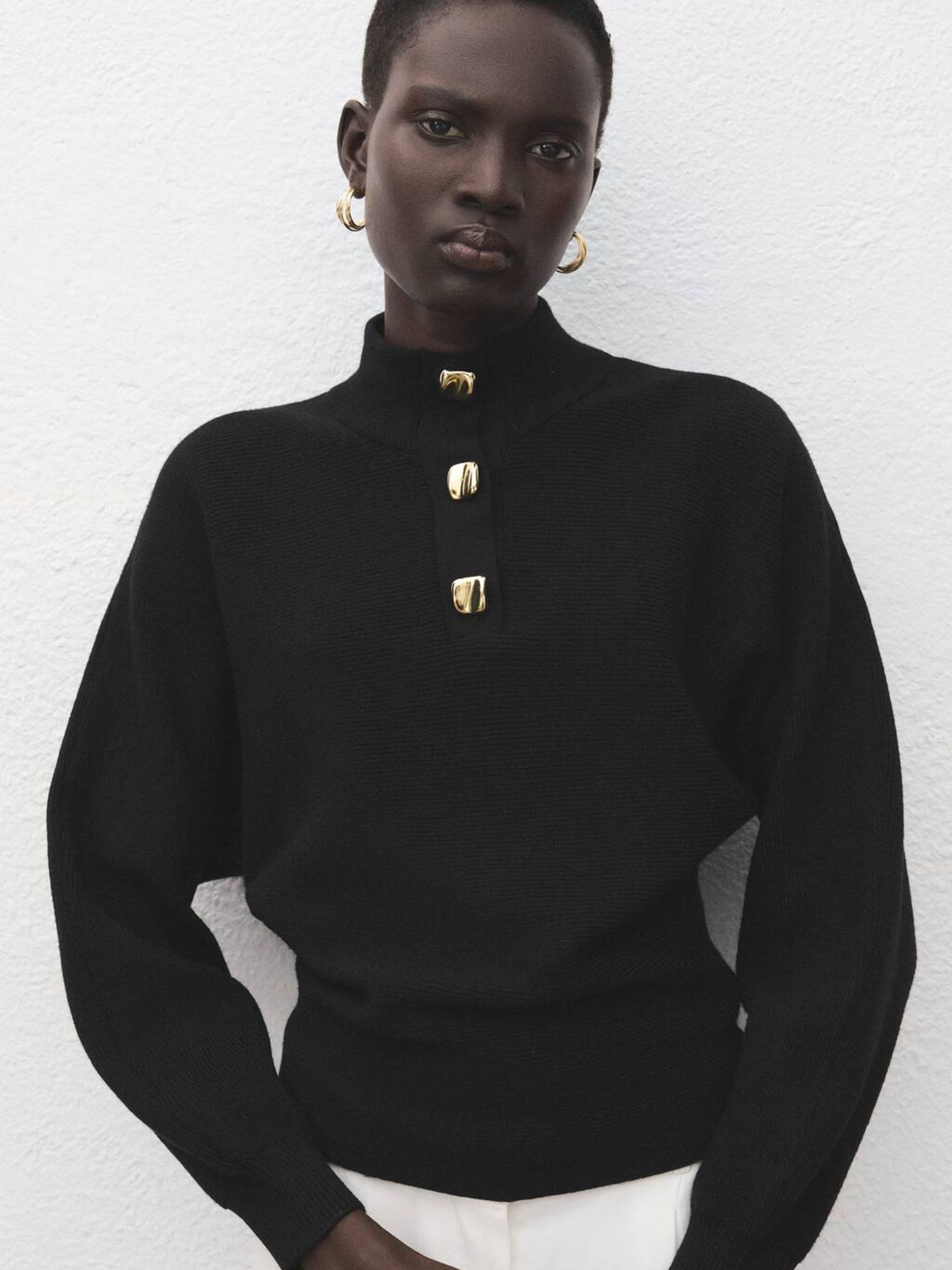 Buy Mango Black Funnel Neck Gold Button Knitted Jumper from the