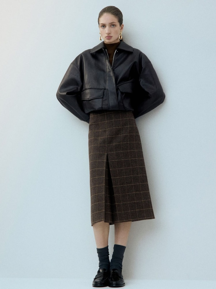 Mango Brown Check Midi Skirt - Image 1 of 5 Mango Brown Check Midi Skirt - Image 1 of 5