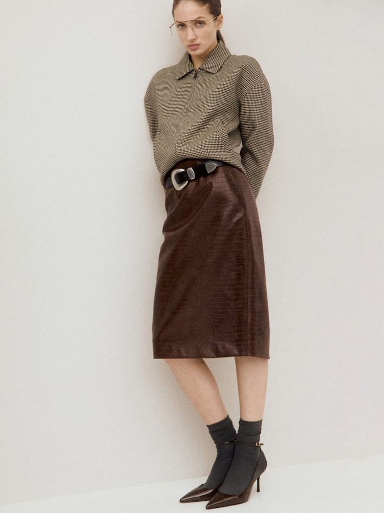 Mango Brown Check Collar Zip Jacket - Image 1 of 5 Mango Brown Check Collar Zip Jacket - Image 1 of 5