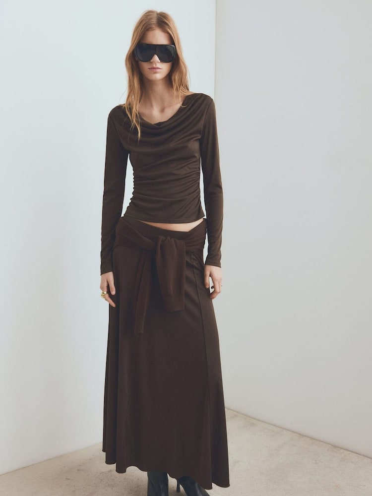 Mango Brown Cowl Neck Draped T-Shirt - Image 1 of 6 Mango Brown Cowl Neck Draped T-Shirt - Image 1 of 6