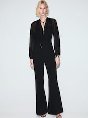 Mango Black Tie Neck Long Sleeve Jumpsuit - Image 1 of 6