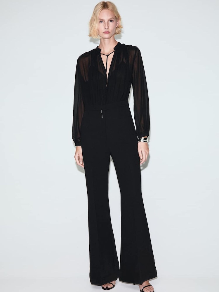 Mango Black Tie Neck Long Sleeve Jumpsuit - Image 1 of 6