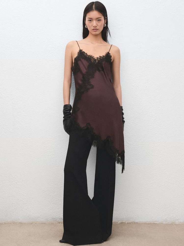 Mango Red Longline Cami Lace Satin Top - Image 1 of 6