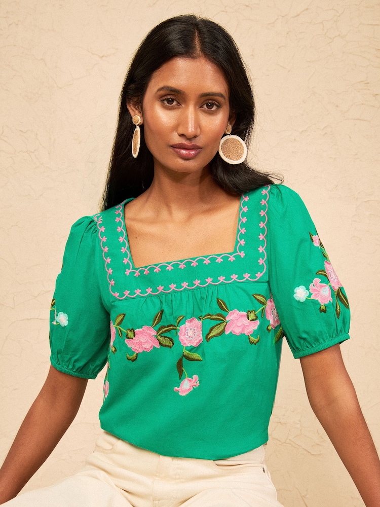 Love & Roses Bright Green Flower Embroidered Square Neck Blouse - Image 1 of 4