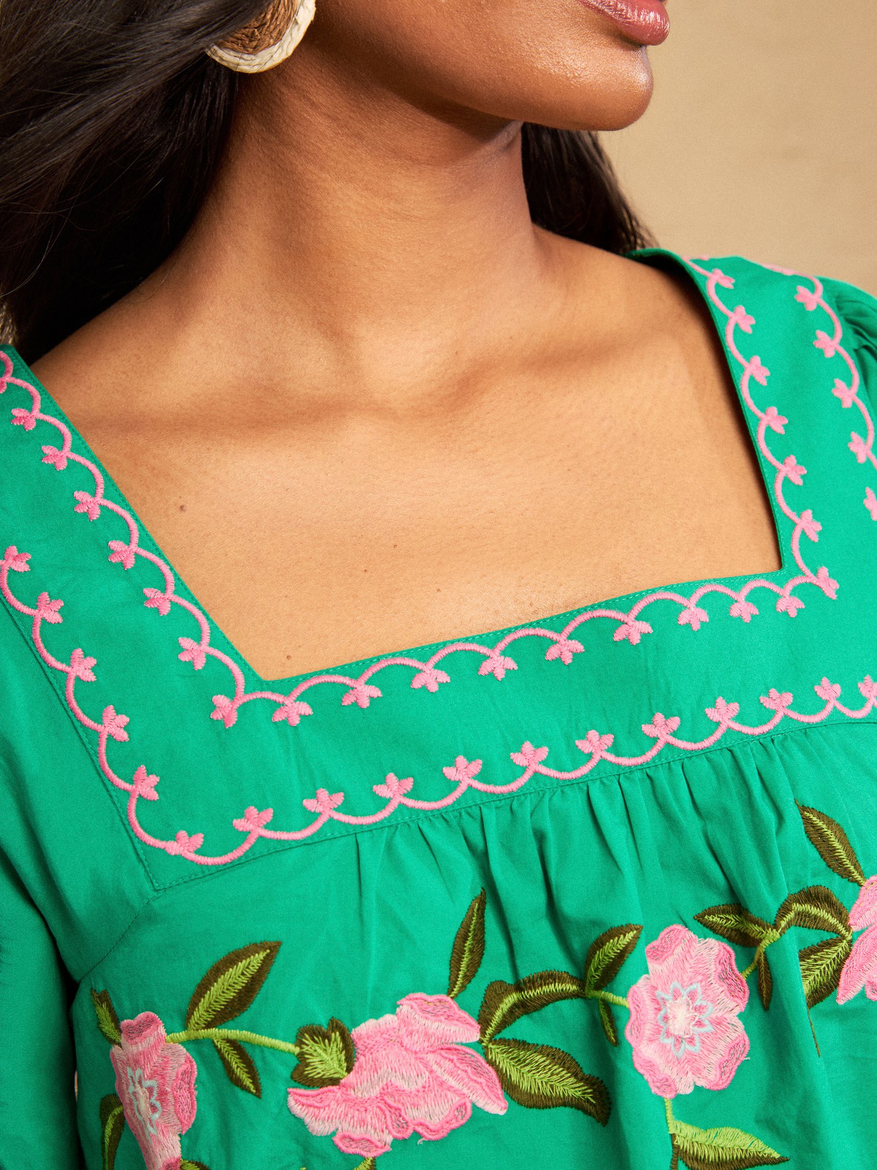 Buy Love & Roses Bright Green Flower Embroidered Square Neck