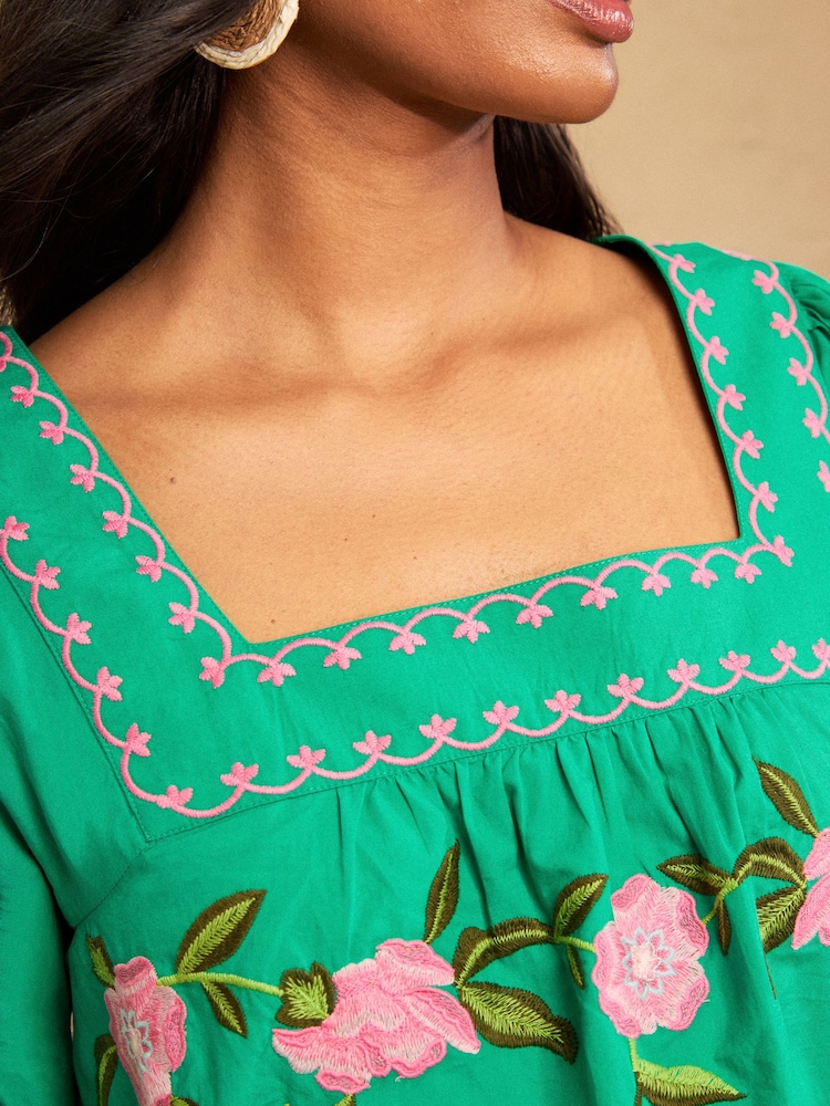 Love & Roses Bright Green Flower Embroidered Square Neck Blouse - Image 2 of 4