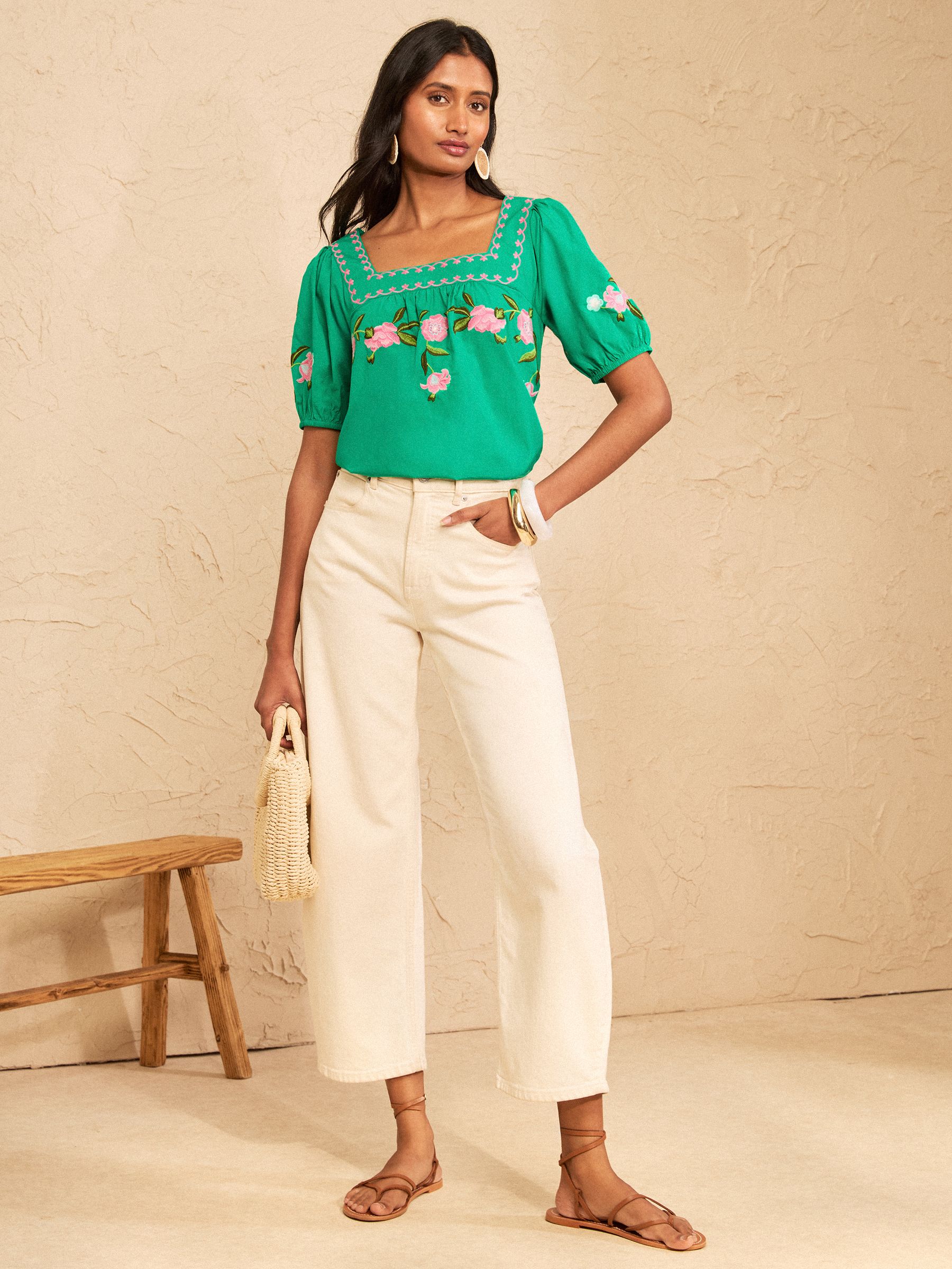 Buy Love & Roses Bright Green Flower Embroidered Square Neck