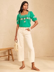 Love & Roses Bright Green Flower Embroidered Square Neck Blouse - Image 3 of 4