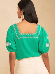 Love & Roses Bright Green Flower Embroidered Square Neck Blouse - Image 4 of 4