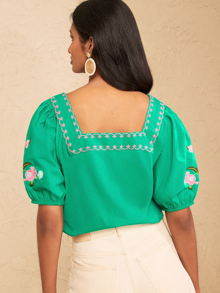 Love & Roses Bright Green Flower Embroidered Square Neck Blouse - Image 4 of 4