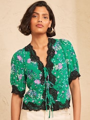 Love & Roses Bright Green Lace Trim Tie Front Floral Printed Top - Image 1 of 4