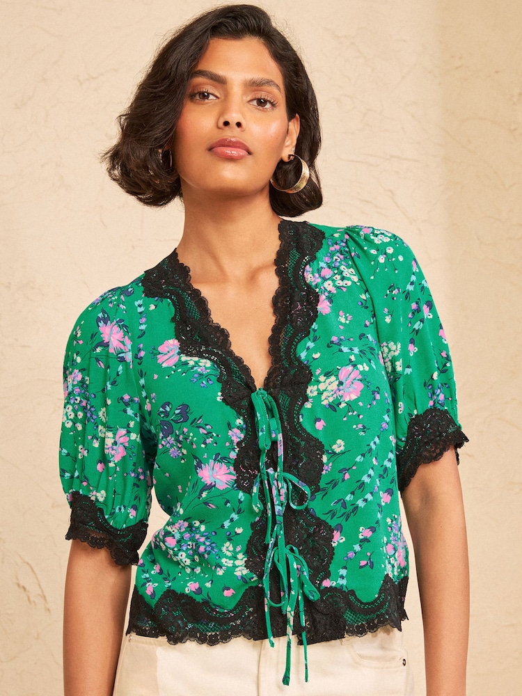 Love & Roses Bright Green Lace Trim Tie Front Floral Printed Top - Image 1 of 4